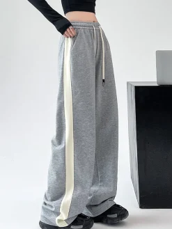 COMMENSE Wide Leg|Pants^Drawstring Contrast Trim Wide Leg Sweatpants Black
