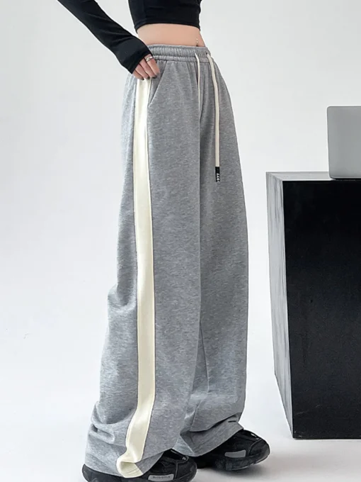 COMMENSE Wide Leg|Pants^Drawstring Contrast Trim Wide Leg Sweatpants Black