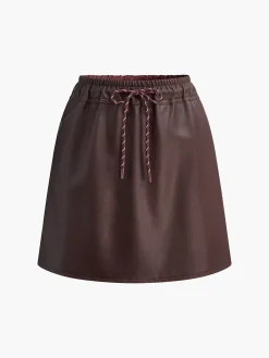 COMMENSE Skirts|Bottoms^Drawstring Faux Leather Skirt Burgundy