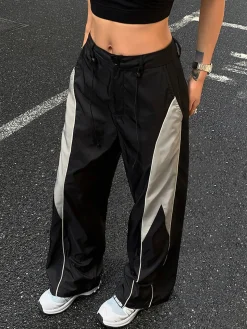 COMMENSE Wide Leg|Pants^Drawstring Patchwork Baggy Pants Black