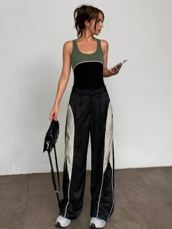 COMMENSE Wide Leg|Pants^Drawstring Patchwork Baggy Pants Black