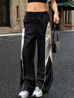 COMMENSE Wide Leg|Pants^Drawstring Patchwork Baggy Pants Black