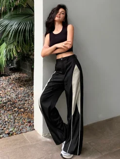 COMMENSE Wide Leg|Pants^Drawstring Patchwork Baggy Pants Black