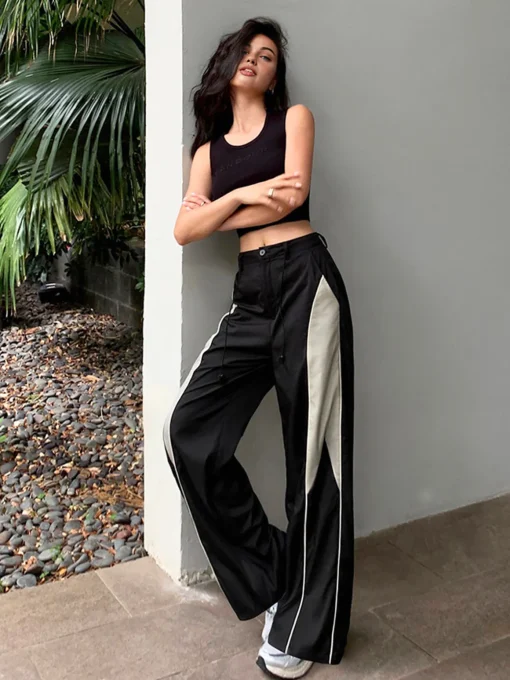 COMMENSE Wide Leg|Pants^Drawstring Patchwork Baggy Pants Black