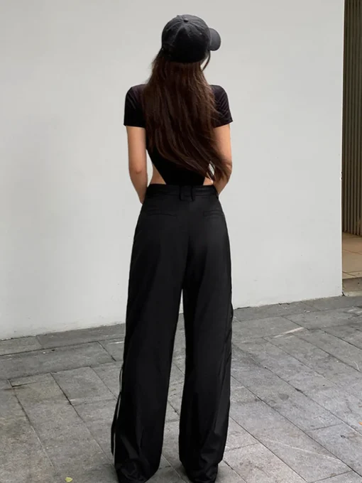 COMMENSE Wide Leg|Pants^Drawstring Patchwork Baggy Pants Black