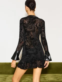 COMMENSE Dresses^Drawstring Semi-Sheer Velvet Ruffle Dress Black