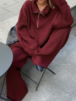 COMMENSE Pants Sets^Drawstring Zipper Sweater Pants Set Burgundy