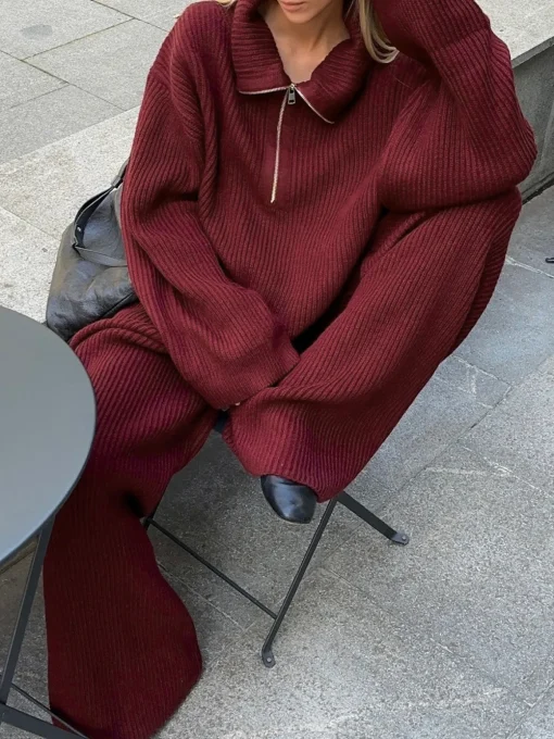 COMMENSE Pants Sets^Drawstring Zipper Sweater Pants Set Burgundy