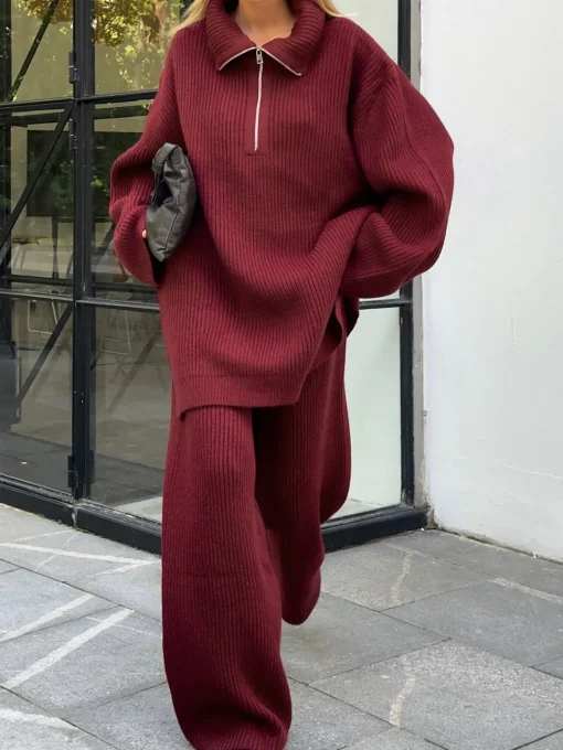 COMMENSE Pants Sets^Drawstring Zipper Sweater Pants Set Burgundy