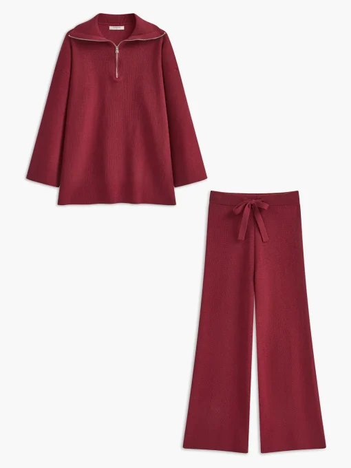COMMENSE Pants Sets^Drawstring Zipper Sweater Pants Set Burgundy