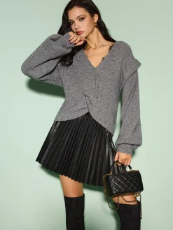 COMMENSE Bottoms^Elastic Waist Faux Leather Pleated Skirt Black