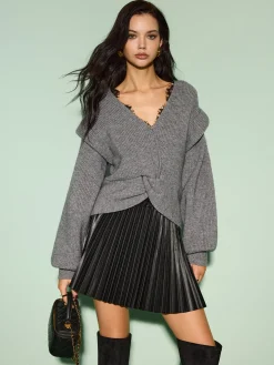COMMENSE Bottoms^Elastic Waist Faux Leather Pleated Skirt Black