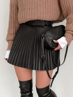 COMMENSE Bottoms^Elastic Waist Faux Leather Pleated Skirt Black