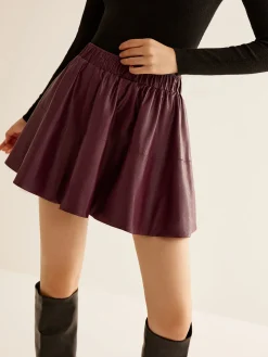 COMMENSE Skirts|Bottoms^Elastic Waist Pleated PU Leather Skirt Burgundy