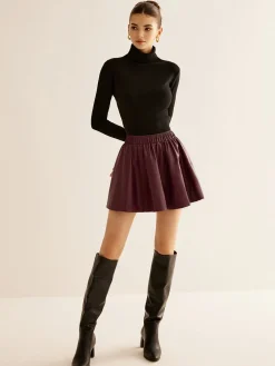 COMMENSE Skirts|Bottoms^Elastic Waist Pleated PU Leather Skirt Burgundy