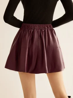 COMMENSE Skirts|Bottoms^Elastic Waist Pleated PU Leather Skirt Burgundy