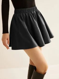 COMMENSE Skirts|Bottoms^Elastic Waist Pleated PU Leather Skirt Burgundy