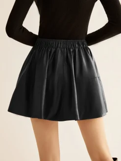 COMMENSE Skirts|Bottoms^Elastic Waist Pleated PU Leather Skirt Burgundy