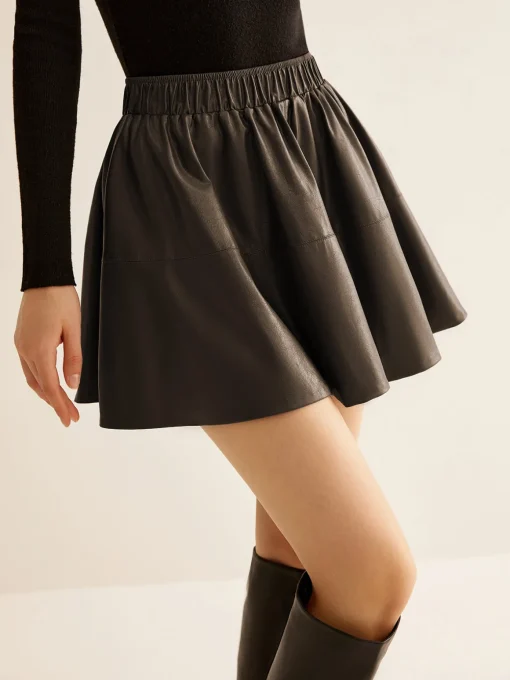 COMMENSE Skirts|Bottoms^Elastic Waist Pleated PU Leather Skirt Burgundy