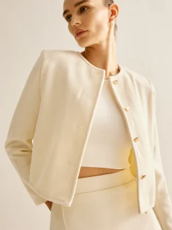 COMMENSE Outerwear|Blazers^Elegant Crew Neck Tweed Blazer Apricot