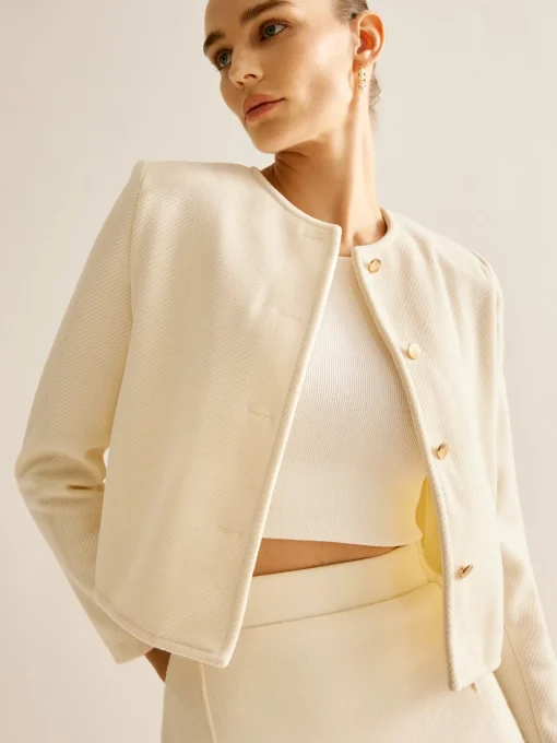COMMENSE Outerwear|Blazers^Elegant Crew Neck Tweed Blazer Apricot