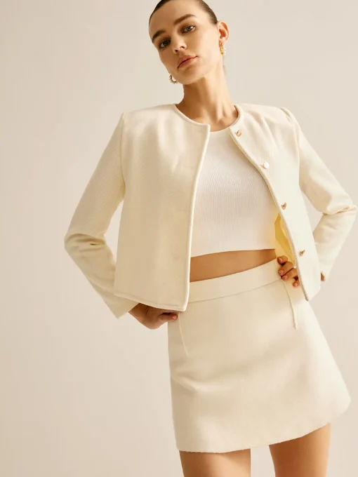 COMMENSE Outerwear|Blazers^Elegant Crew Neck Tweed Blazer Apricot