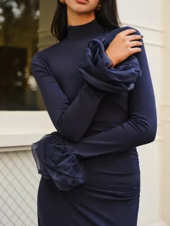 COMMENSE Cocktail & Party Dresses|Long Dresses^Elegant Ruffle Split Jersey Long Dress Navy