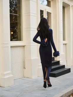 COMMENSE Cocktail & Party Dresses|Long Dresses^Elegant Ruffle Split Jersey Long Dress Navy