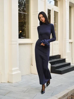 COMMENSE Cocktail & Party Dresses|Long Dresses^Elegant Ruffle Split Jersey Long Dress Navy