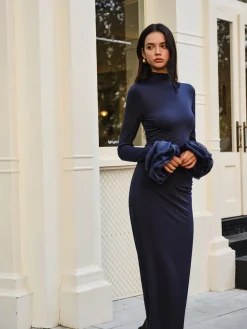 COMMENSE Cocktail & Party Dresses|Long Dresses^Elegant Ruffle Split Jersey Long Dress Navy