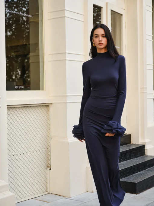 COMMENSE Cocktail & Party Dresses|Long Dresses^Elegant Ruffle Split Jersey Long Dress Navy