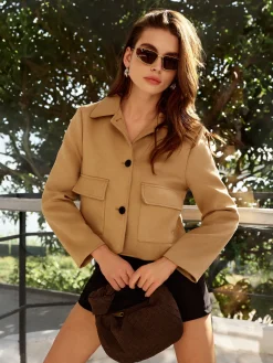 COMMENSE Outerwear|Jackets^Elegant Short Polo Jacket Khaki