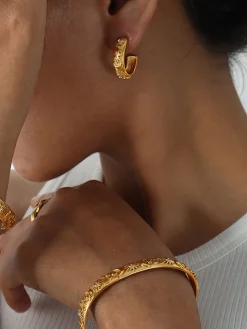 COMMENSE Earrings|Accessories^Embossed Pattern Zircon Hoop Earrings Gold