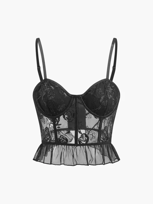 COMMENSE Tops^Embroidered Floral Ruffle Lace Cami Top Black