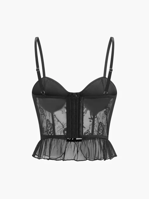 COMMENSE Tops^Embroidered Floral Ruffle Lace Cami Top Black