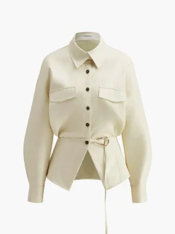 COMMENSE Blouses & Shirts|Tops^Faux Leather Button Polo Shirt Without Belt Off-White