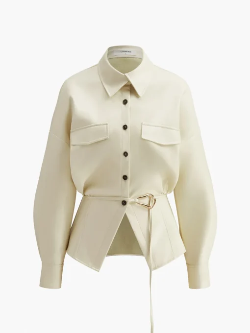 COMMENSE Blouses & Shirts|Tops^Faux Leather Button Polo Shirt Without Belt Off-White