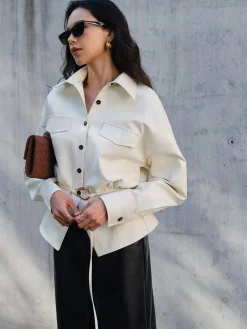 COMMENSE Blouses & Shirts|Tops^Faux Leather Button Polo Shirt Without Belt Off-White