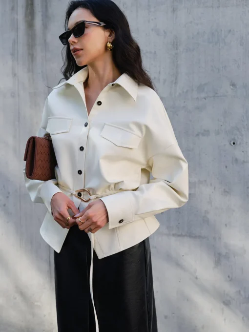 COMMENSE Blouses & Shirts|Tops^Faux Leather Button Polo Shirt Without Belt Off-White