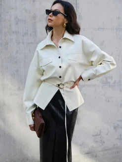 COMMENSE Blouses & Shirts|Tops^Faux Leather Button Polo Shirt Without Belt Off-White