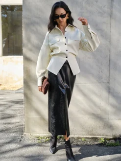 COMMENSE Blouses & Shirts|Tops^Faux Leather Button Polo Shirt Without Belt Off-White
