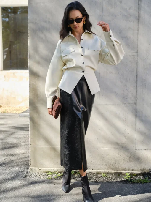 COMMENSE Blouses & Shirts|Tops^Faux Leather Button Polo Shirt Without Belt Off-White
