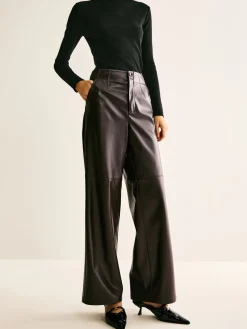 COMMENSE Pants|Bottoms^Faux Leather Mid Waist Pants DarkBrown