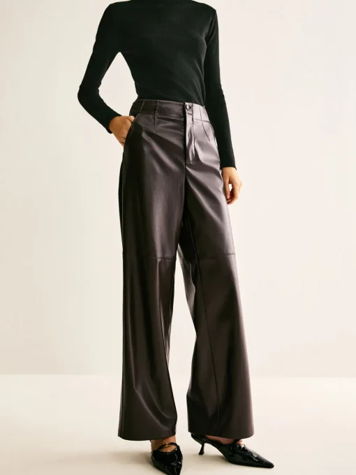 COMMENSE Pants|Bottoms^Faux Leather Mid Waist Pants DarkBrown