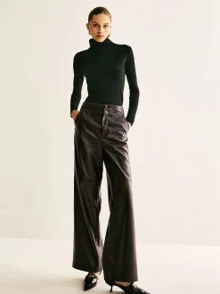 COMMENSE Pants|Bottoms^Faux Leather Mid Waist Pants DarkBrown