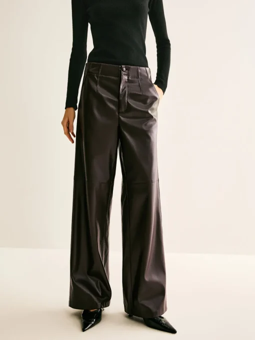 COMMENSE Pants|Bottoms^Faux Leather Mid Waist Pants DarkBrown