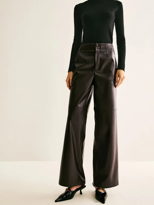 COMMENSE Pants|Bottoms^Faux Leather Mid Waist Pants DarkBrown