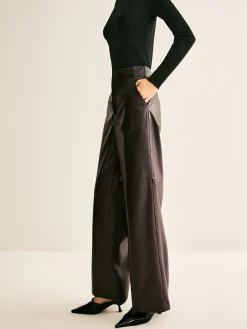 COMMENSE Pants|Bottoms^Faux Leather Mid Waist Pants DarkBrown