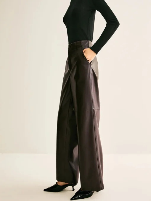 COMMENSE Pants|Bottoms^Faux Leather Mid Waist Pants DarkBrown