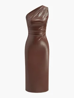 COMMENSE Dresses^Faux Leather One-Shoulder Zipper Tank Dress DarkBrown